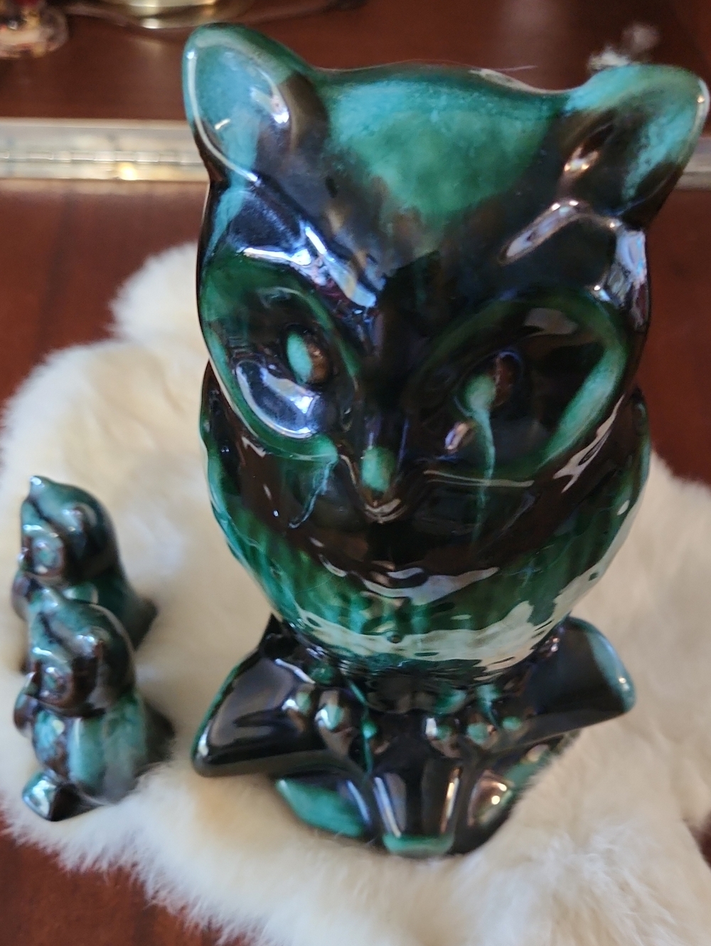 Glazed Owl Figurines in Teal and Black - Decorative Home Art